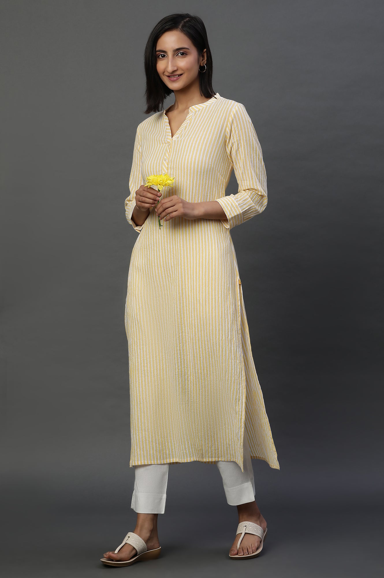 Yellow and White Stripe Casual Kurta