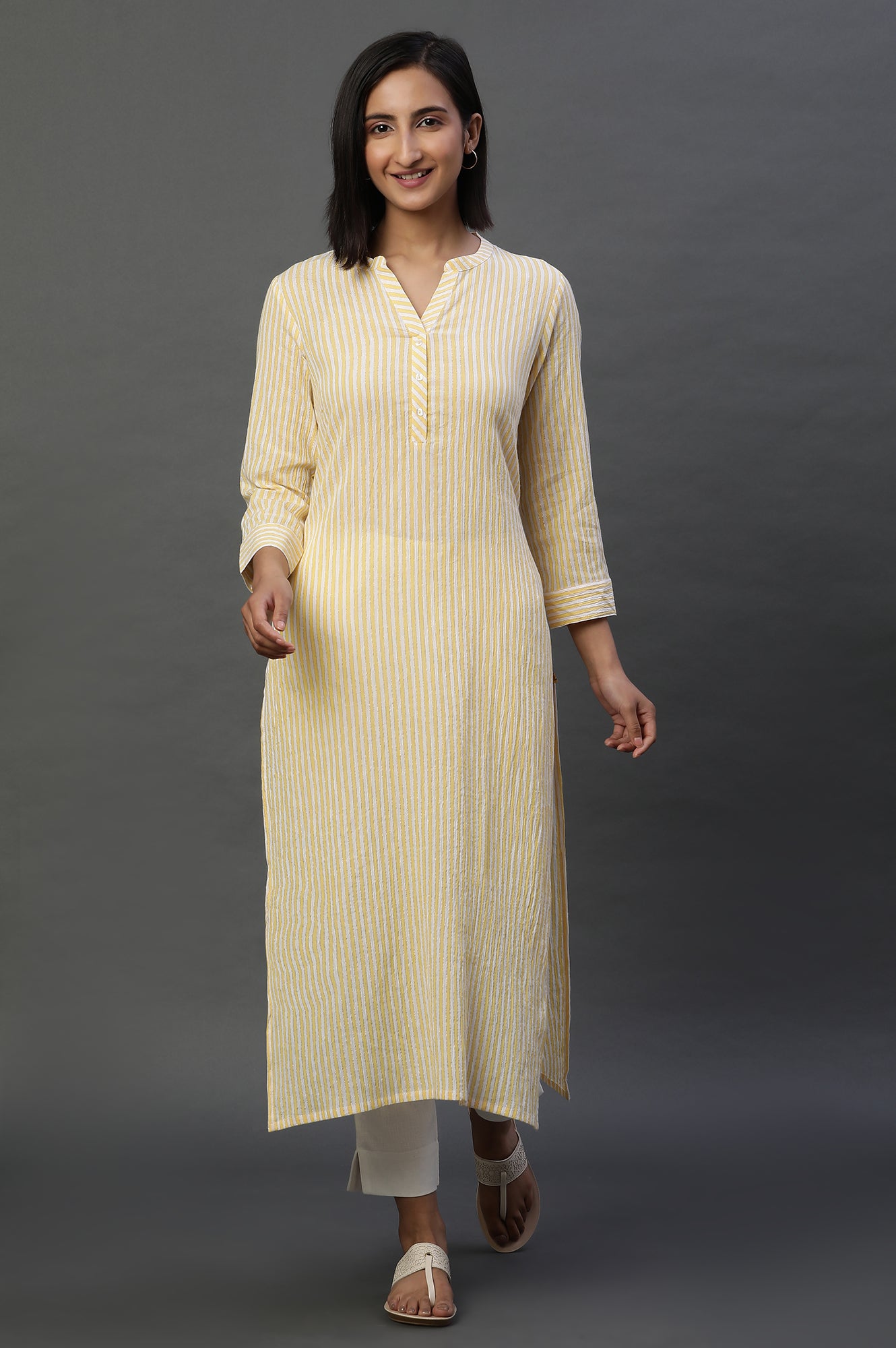 Yellow and White Stripe Casual Kurta