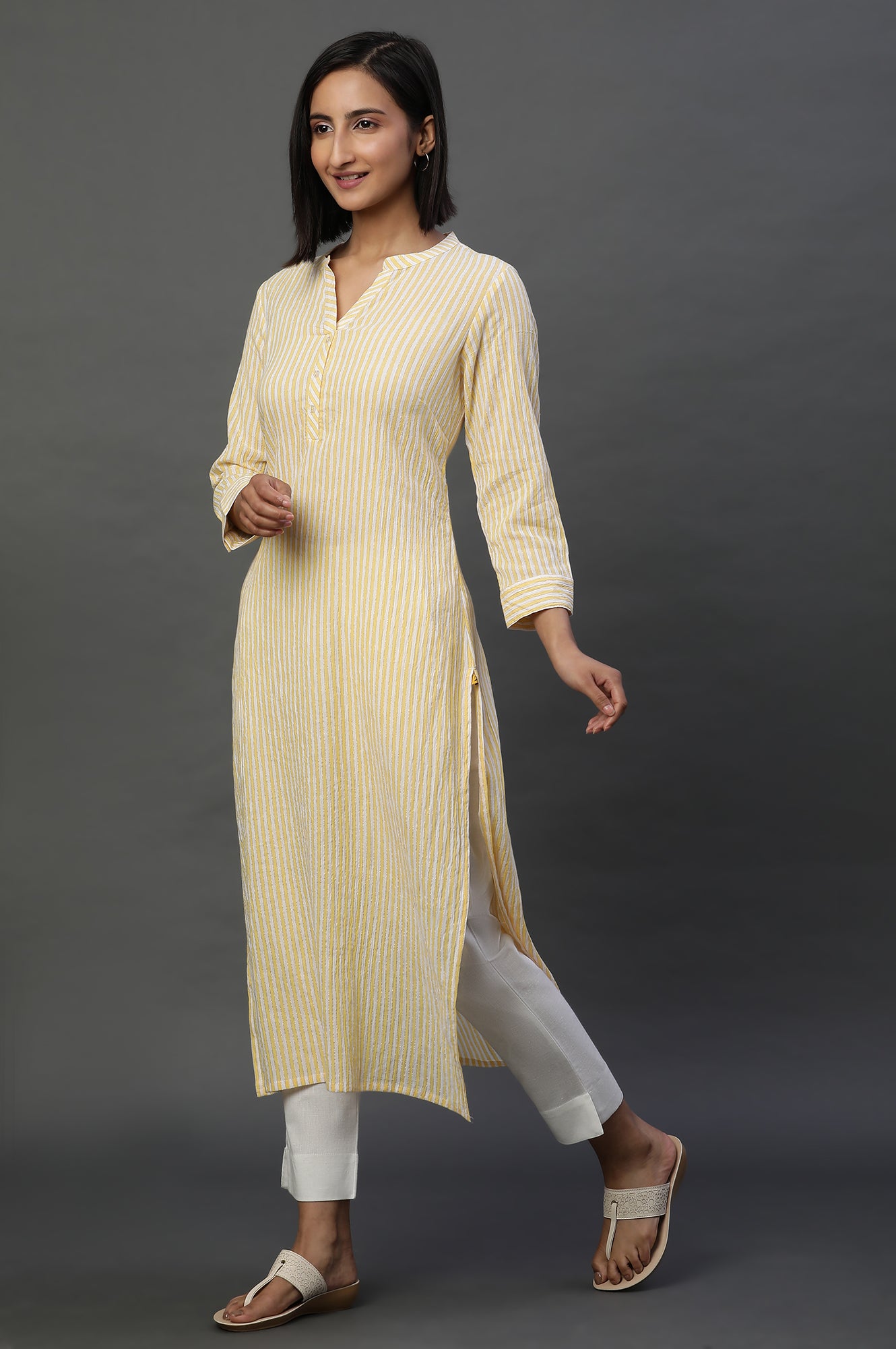 Yellow and White Stripe Casual Kurta