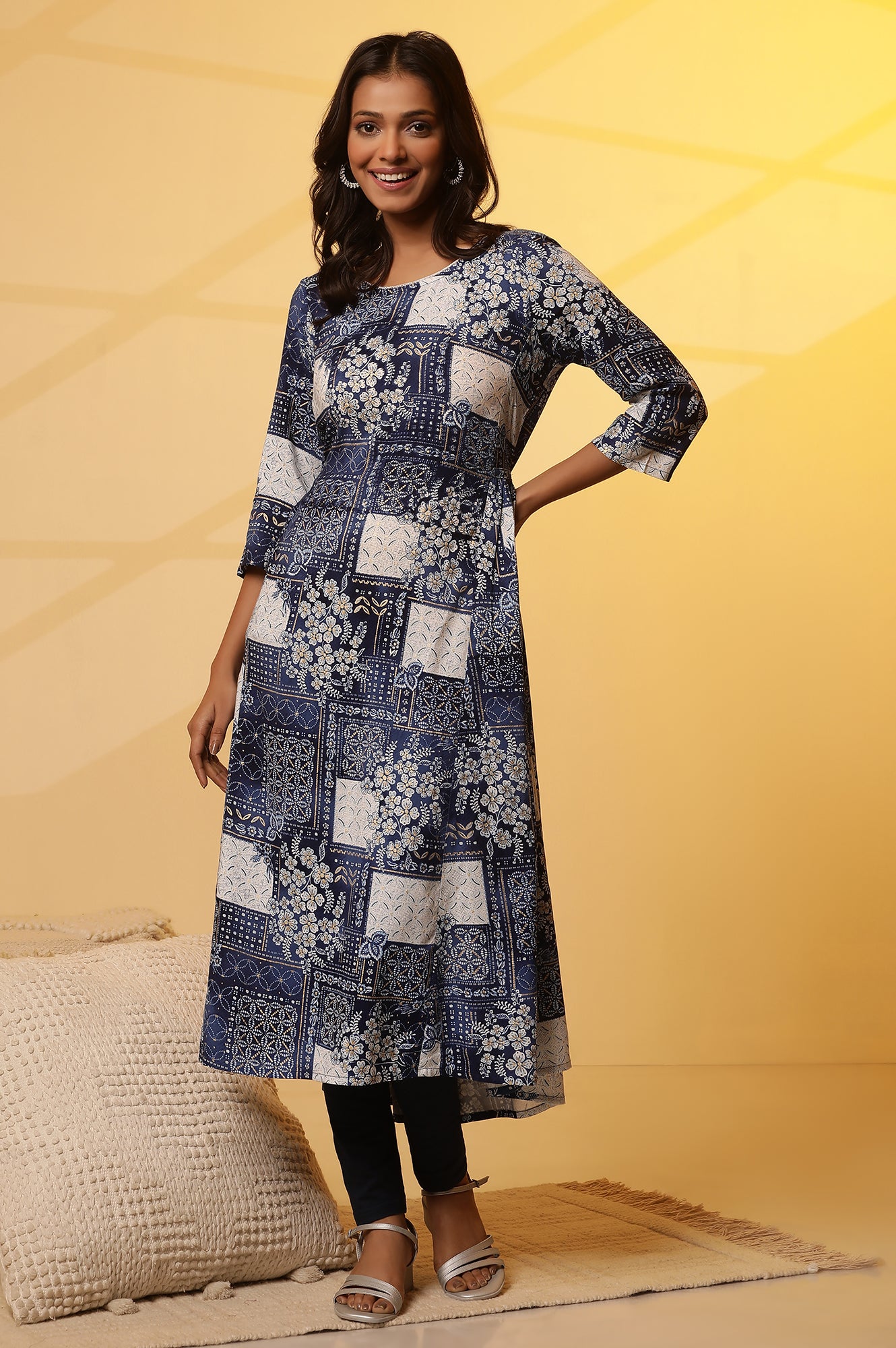 Blue Patch Printed Flared Kurta