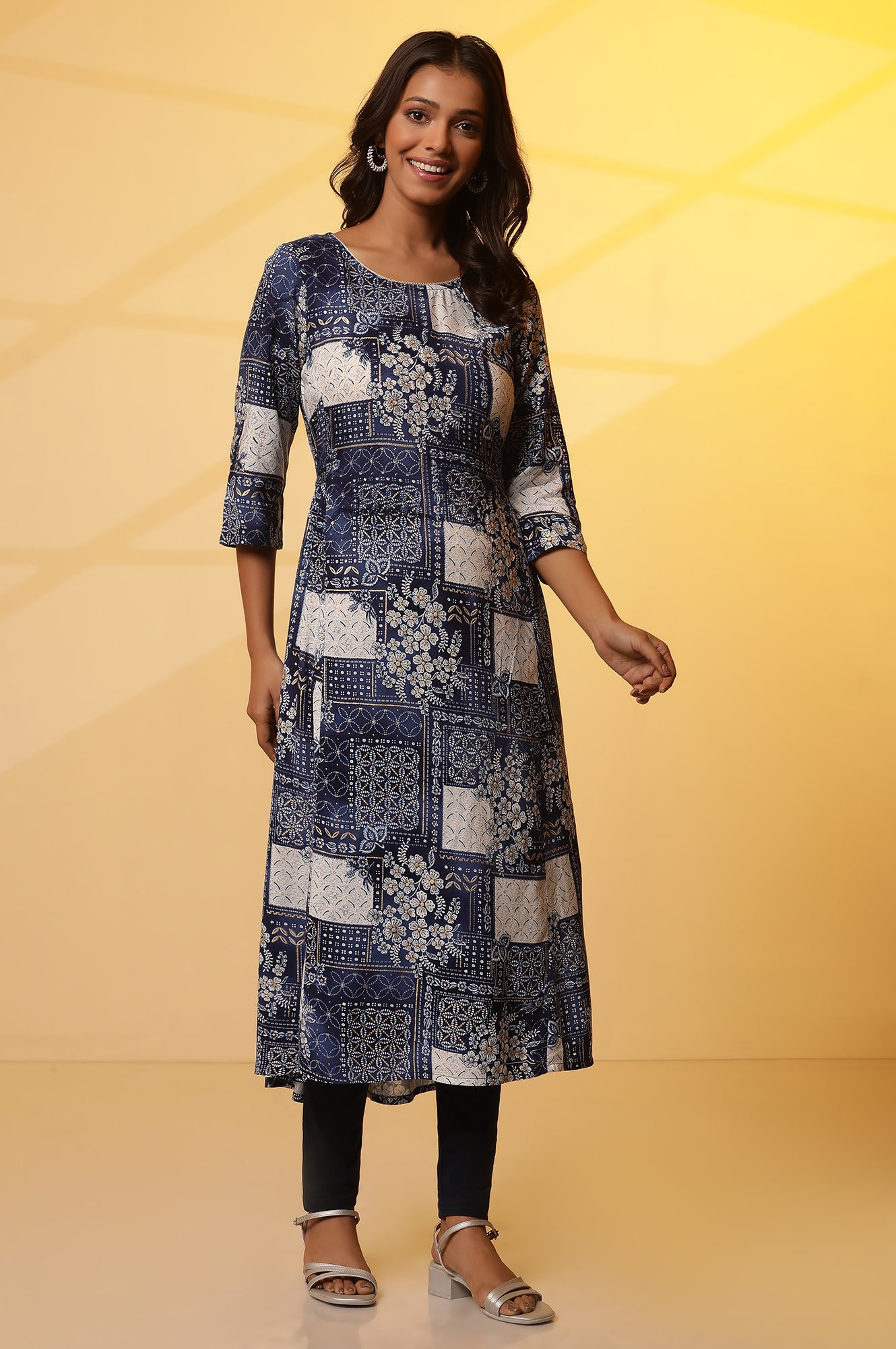 Blue Patch Printed Flared Kurta