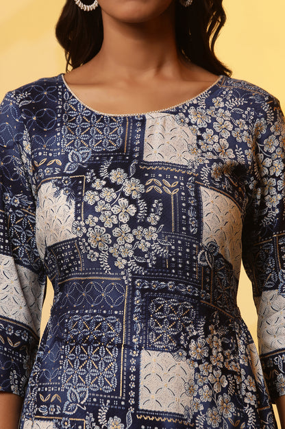 Blue Patch Printed Flared Kurta