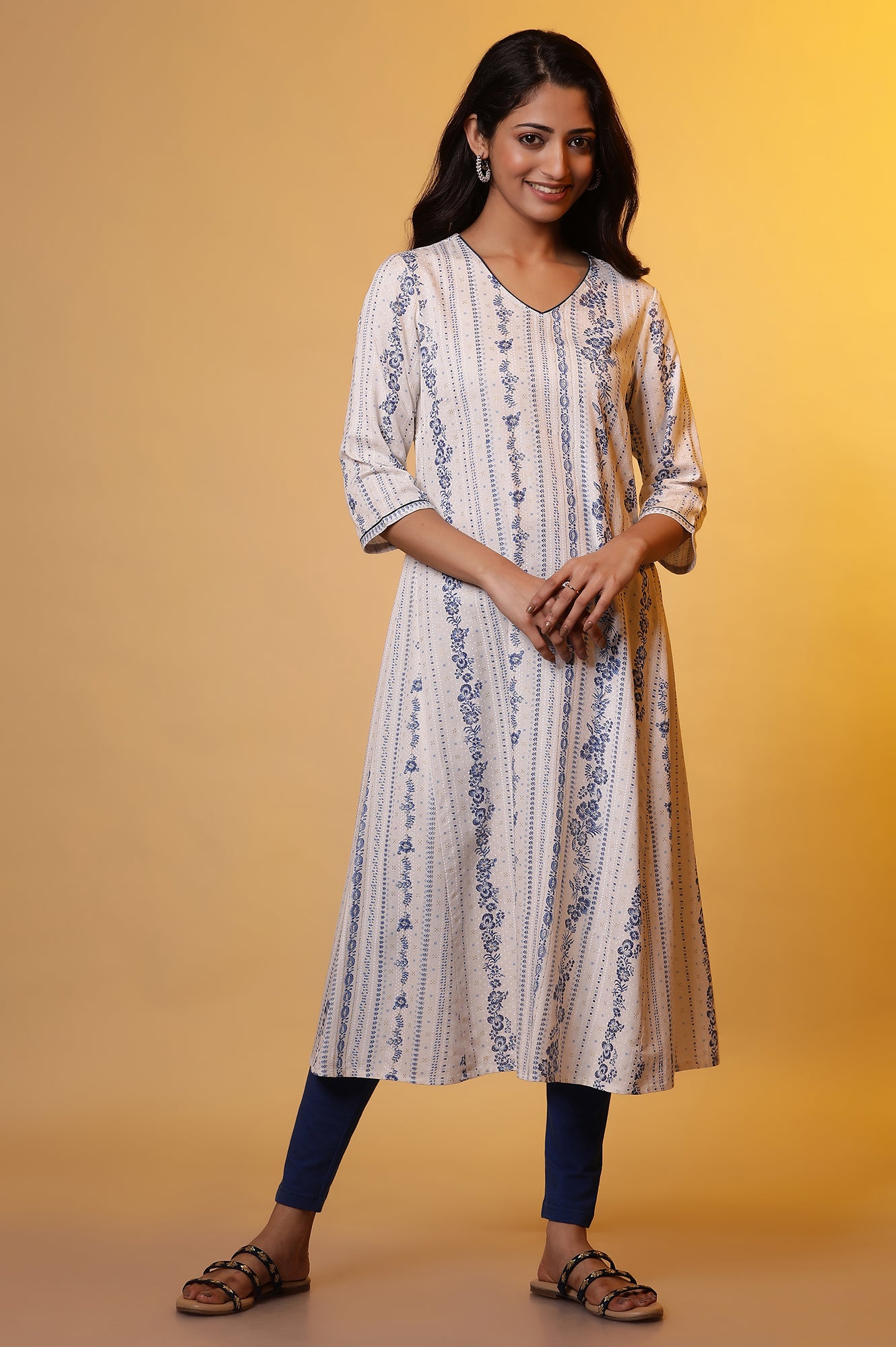 White A-line Floral Printed Kurta