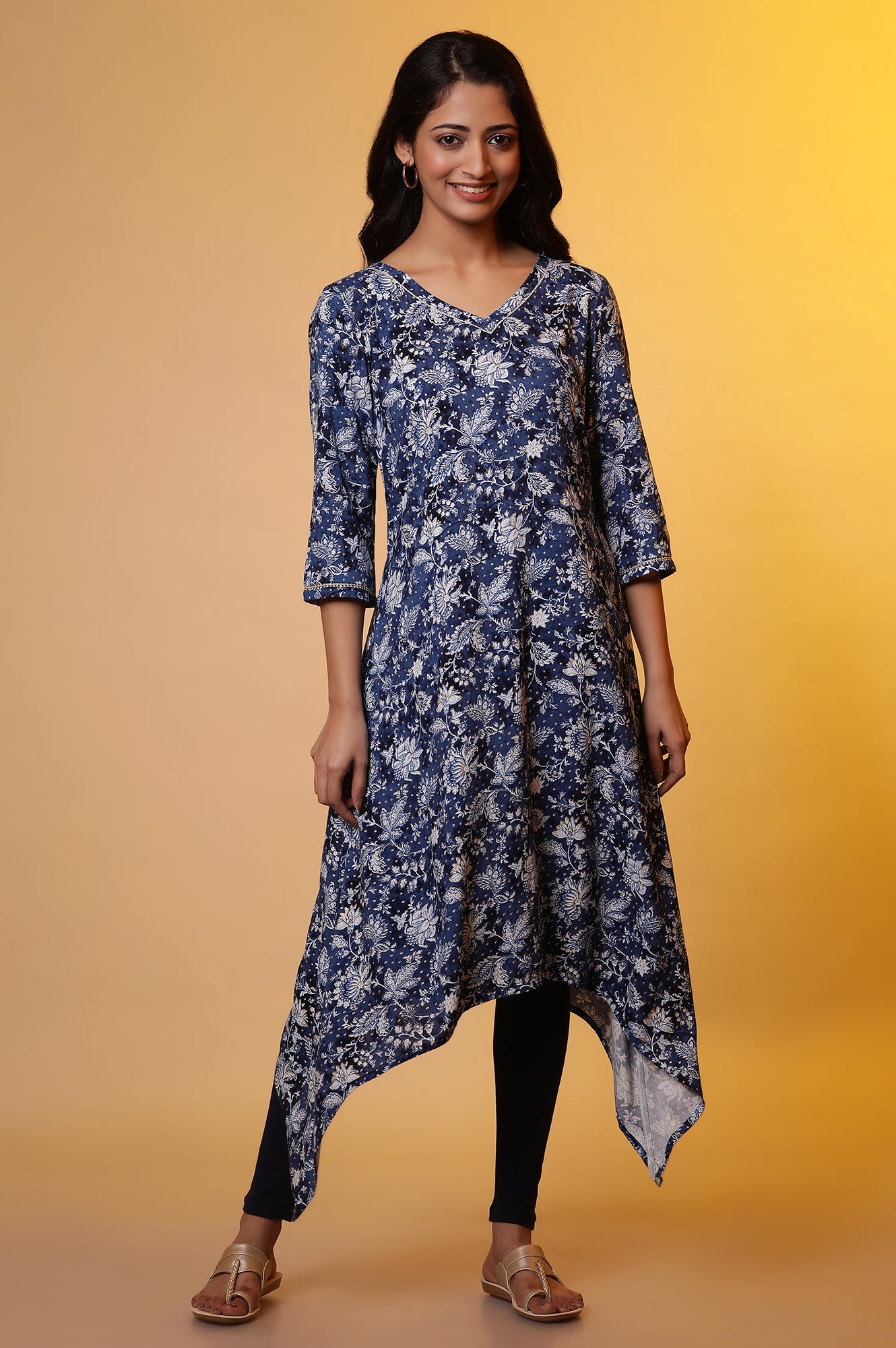 Blue Asymmetrical Floral Printed Kurta