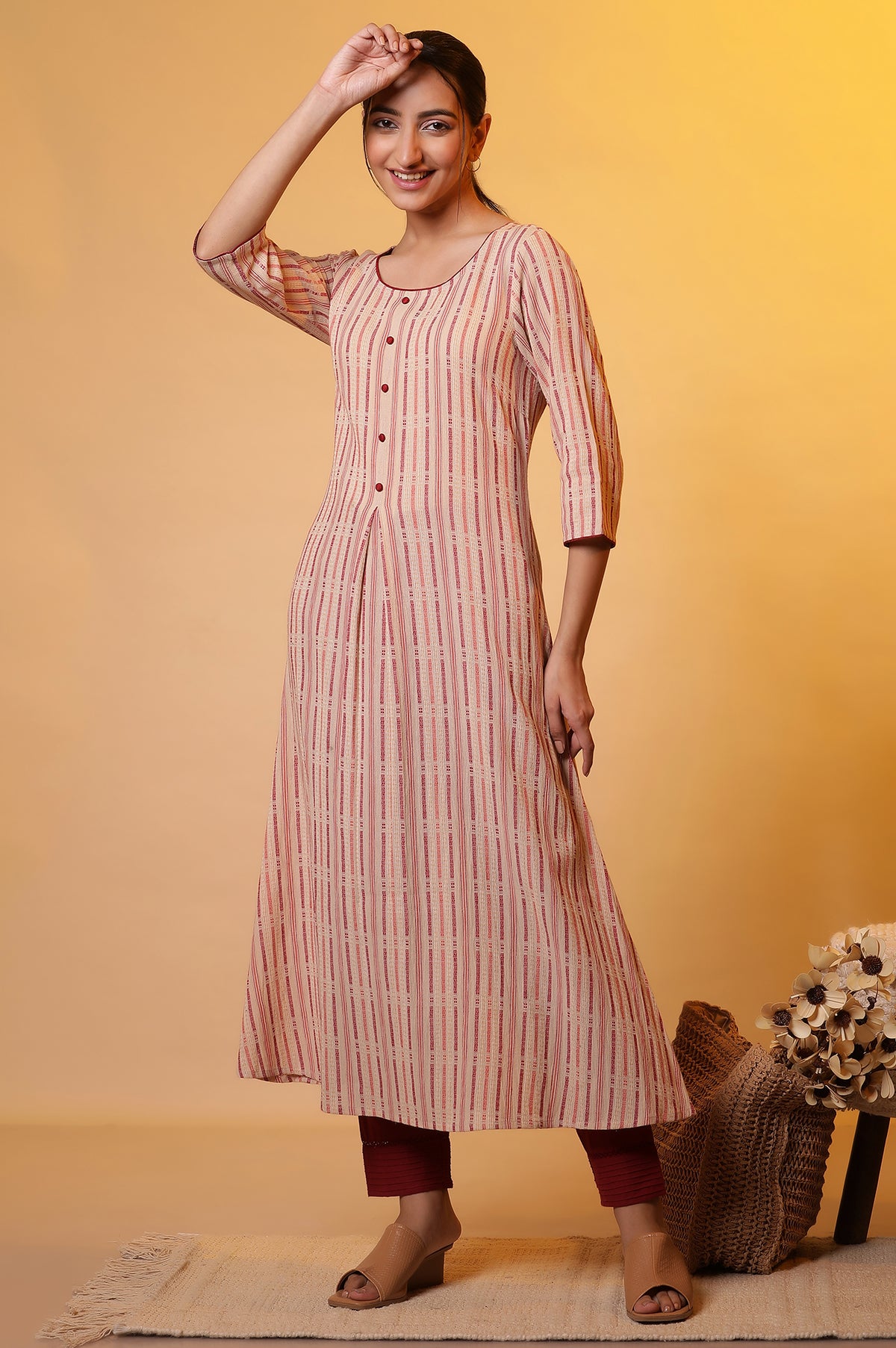Almond Beige Stripe Flared Kurta - S
