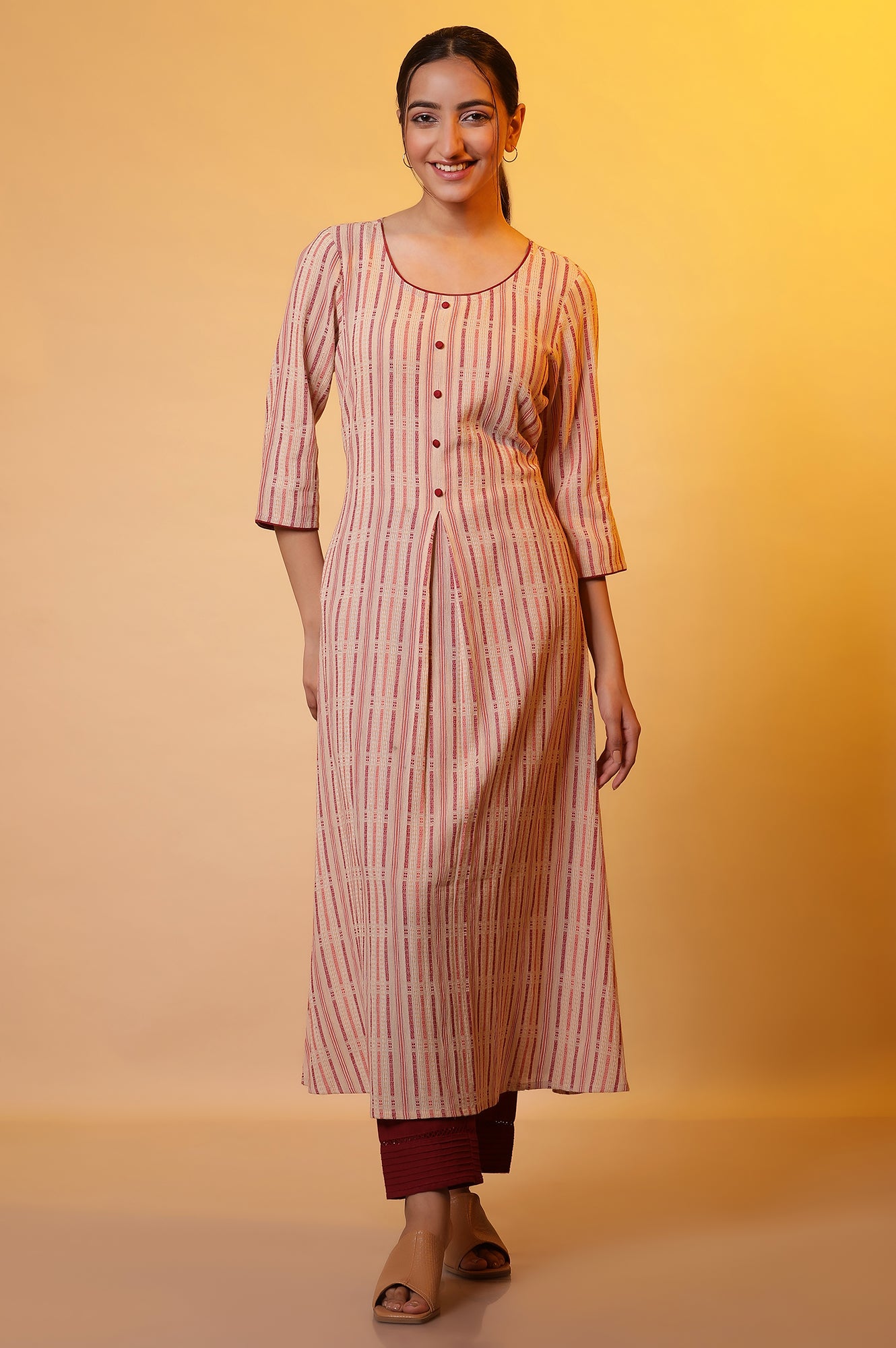 Almond Beige Stripe Flared Kurta