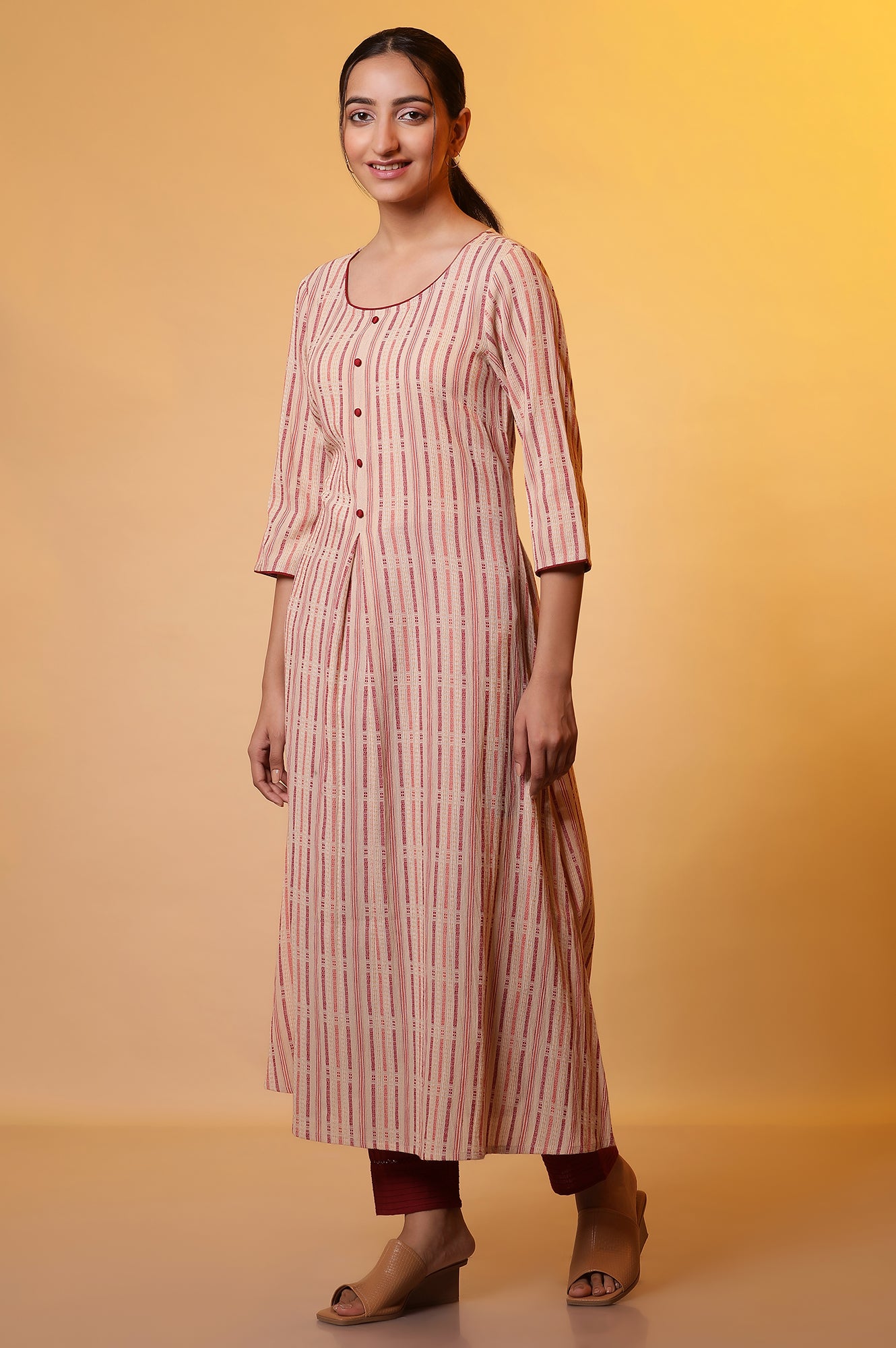 Almond Beige Stripe Flared Kurta