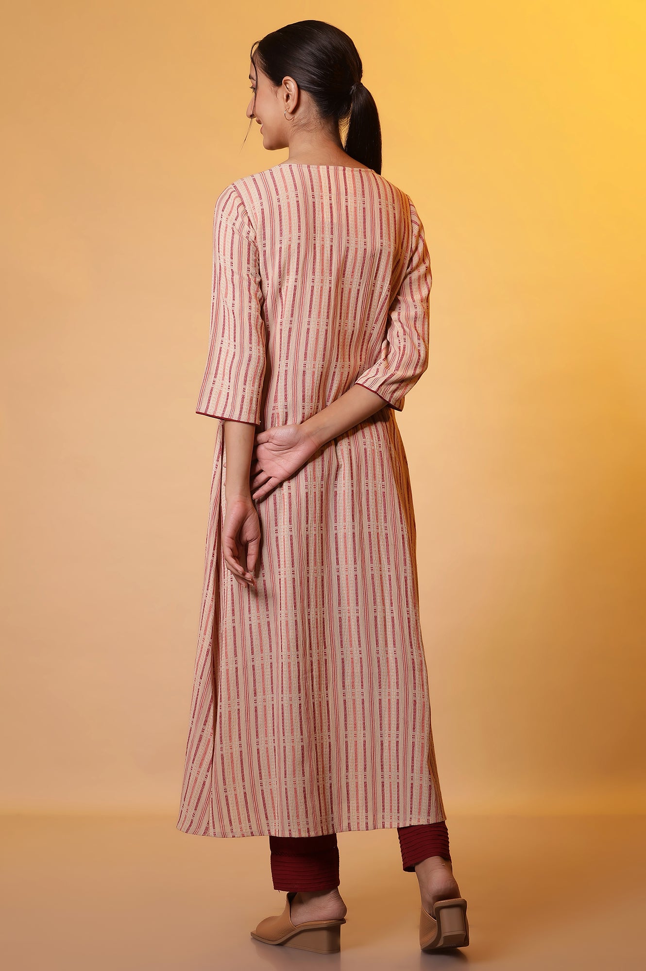 Almond Beige Stripe Flared Kurta