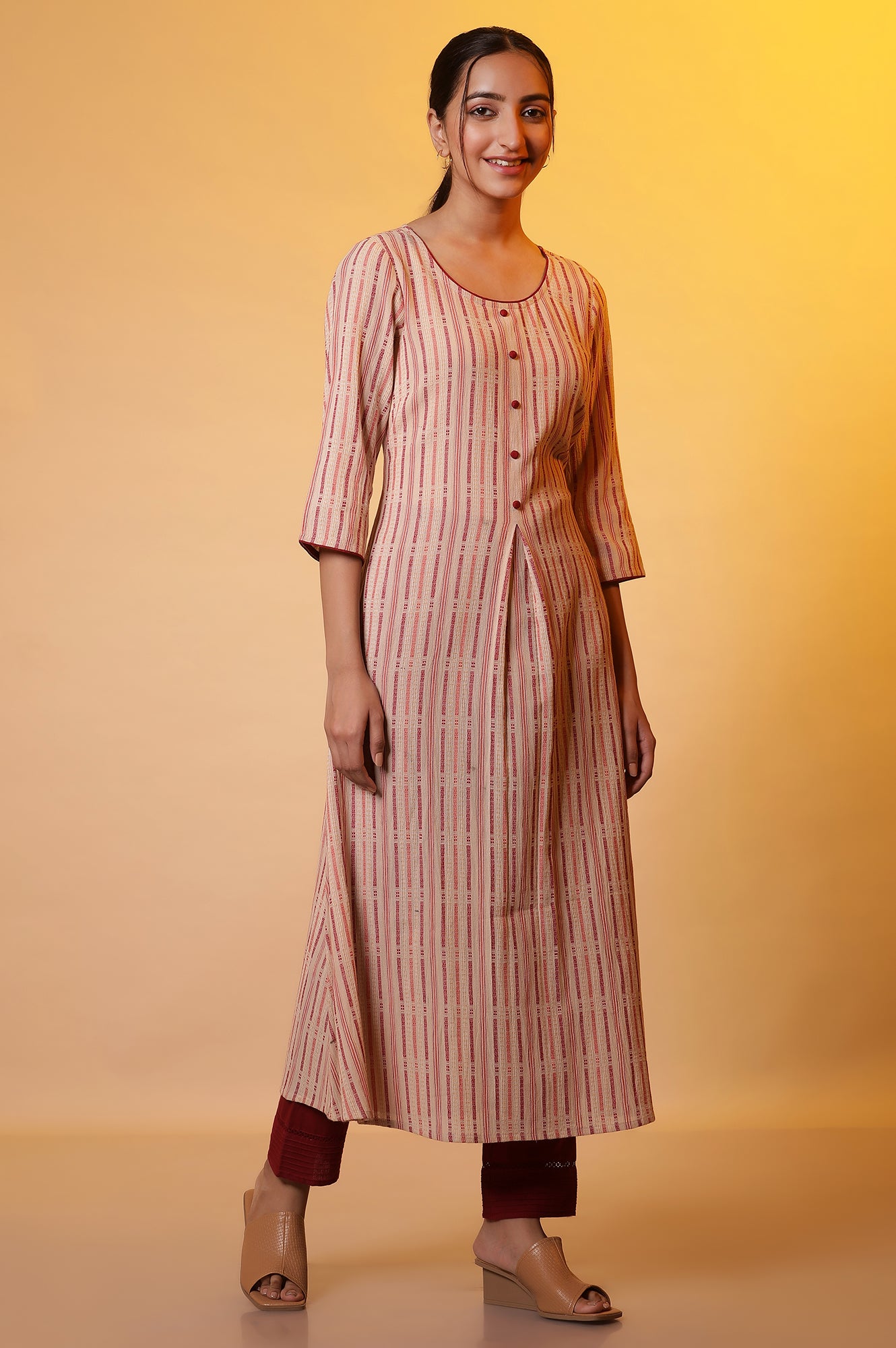 Almond Beige Stripe Flared Kurta