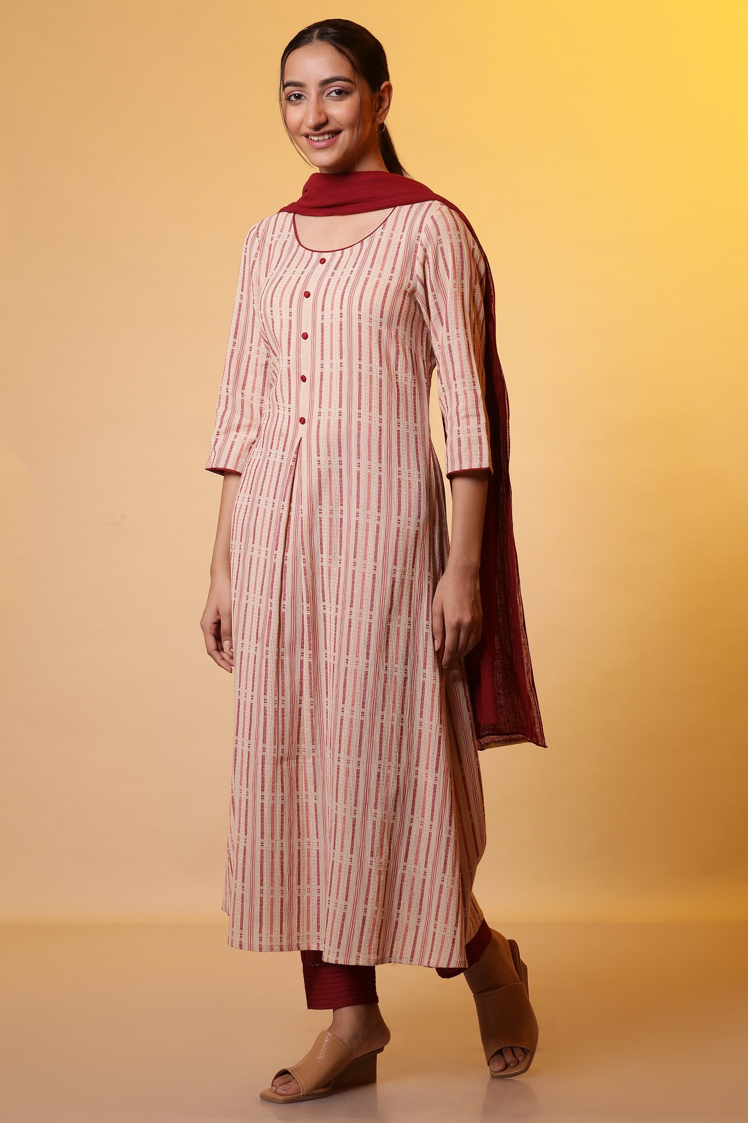 Almond Beige Stripe Flared Kurta