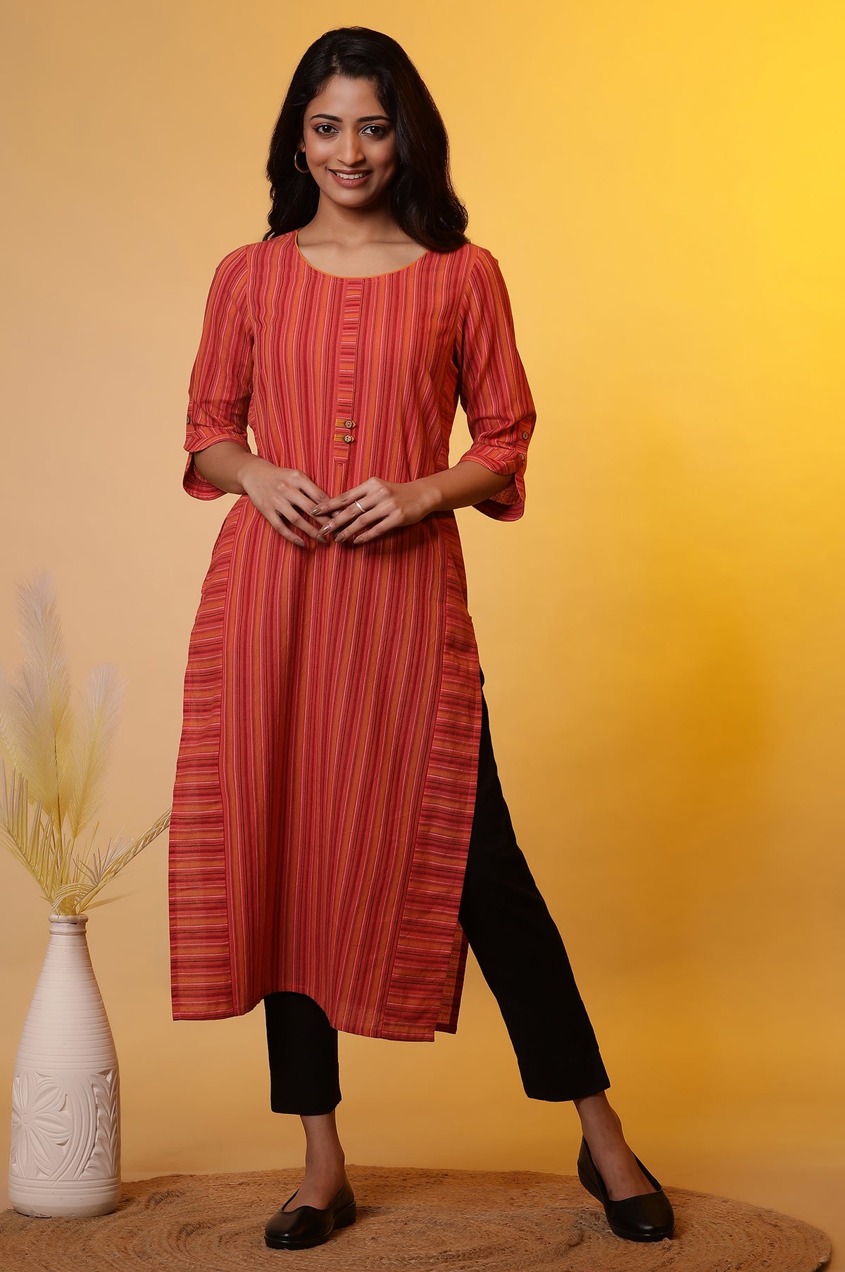 Orange Striped Cotton Kurta - XS