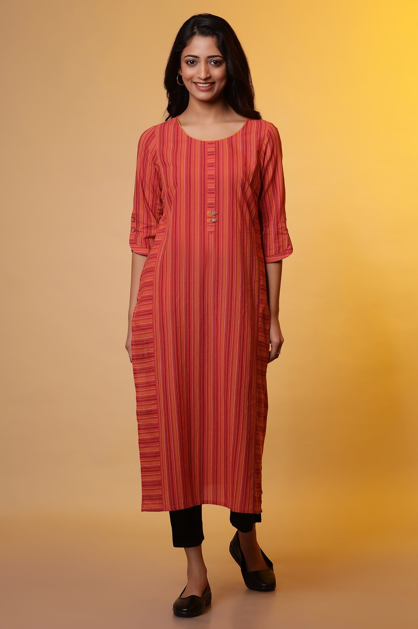 Orange Striped Cotton Kurta