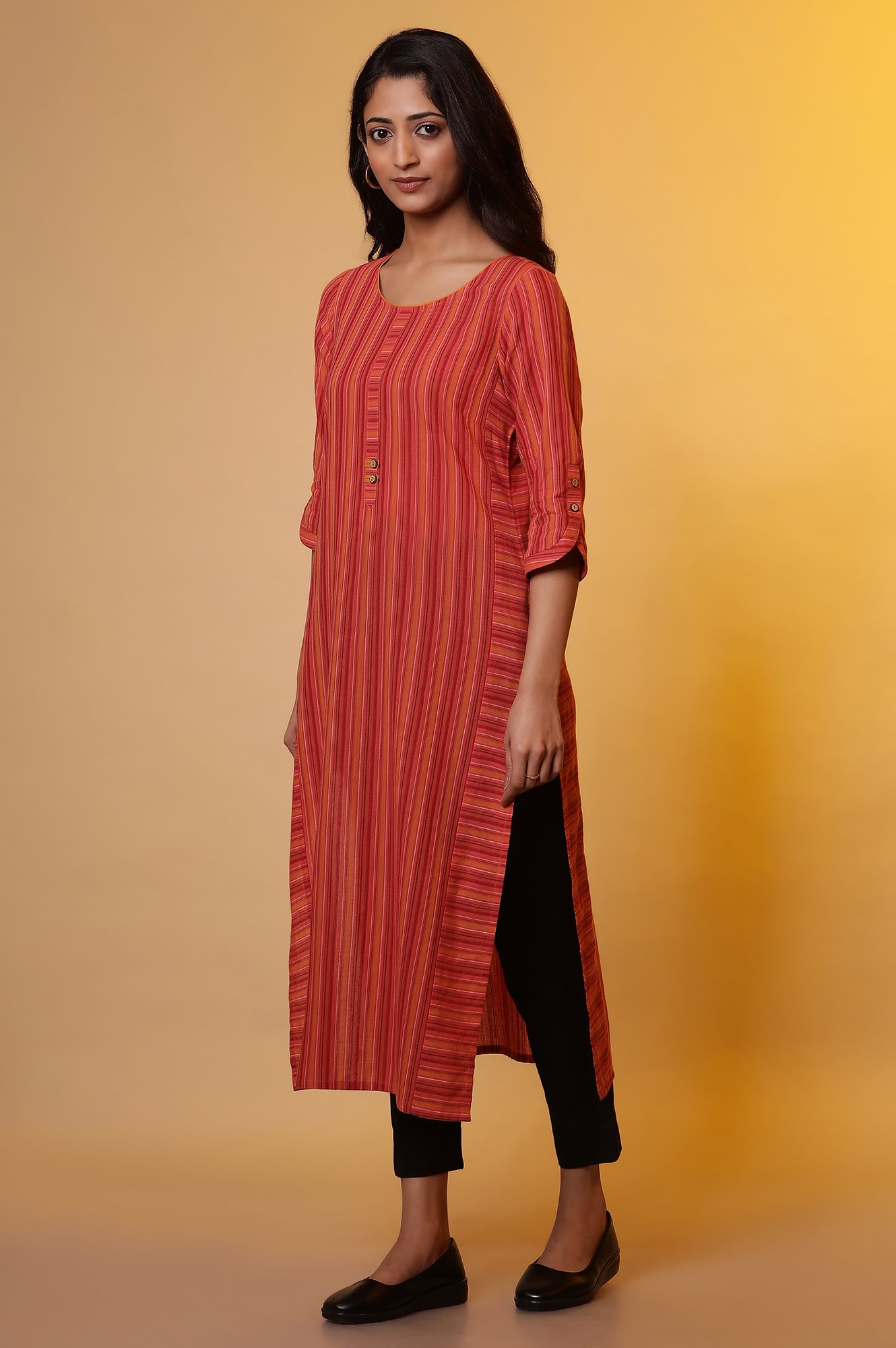 Orange Striped Cotton Kurta