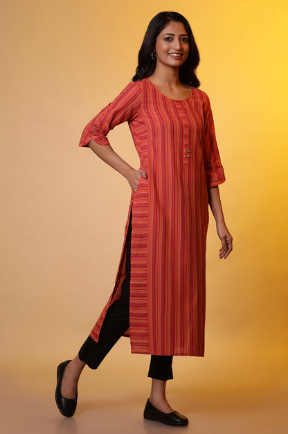 Orange Striped Cotton Kurta