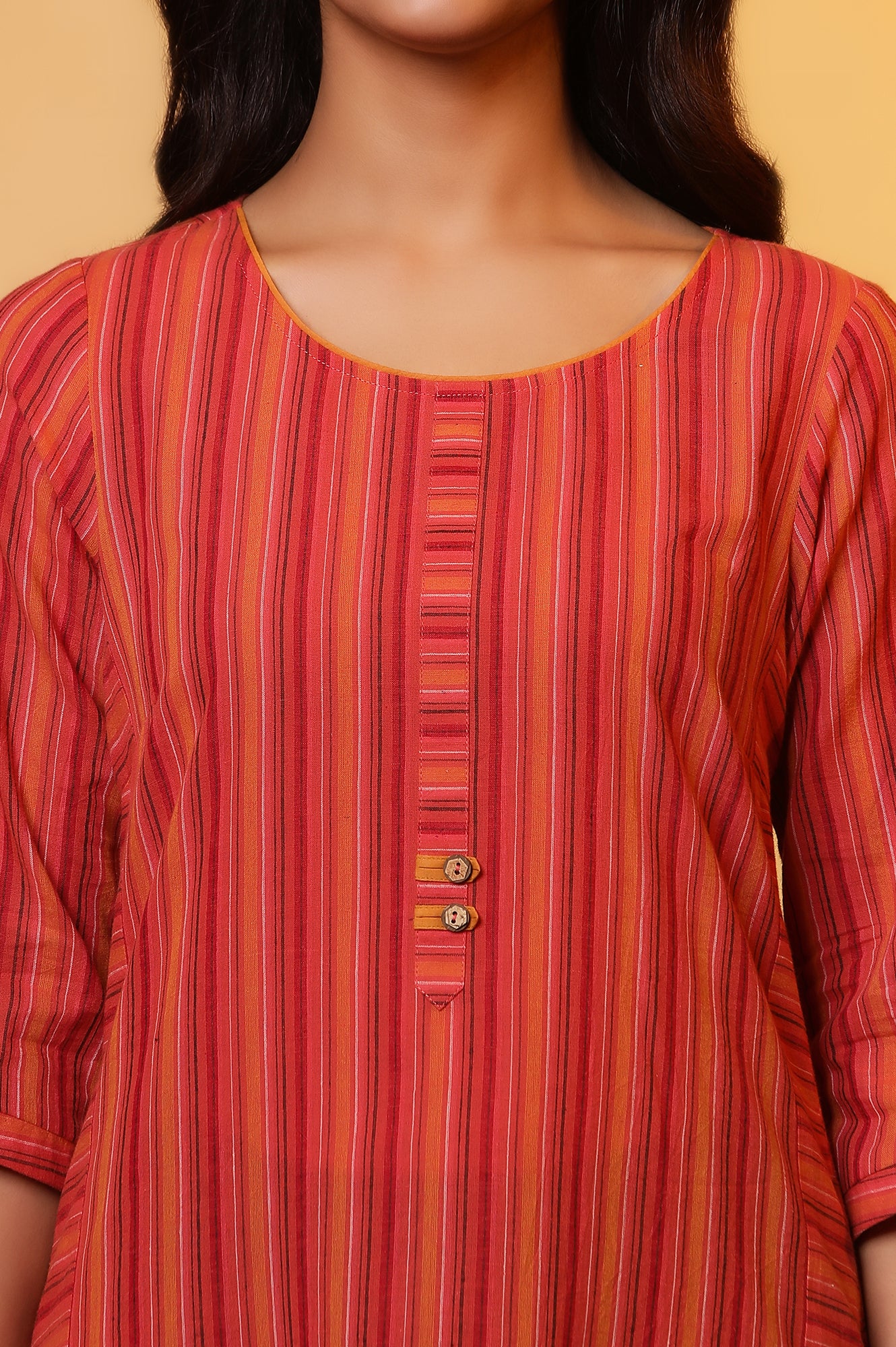 Orange Striped Cotton Kurta