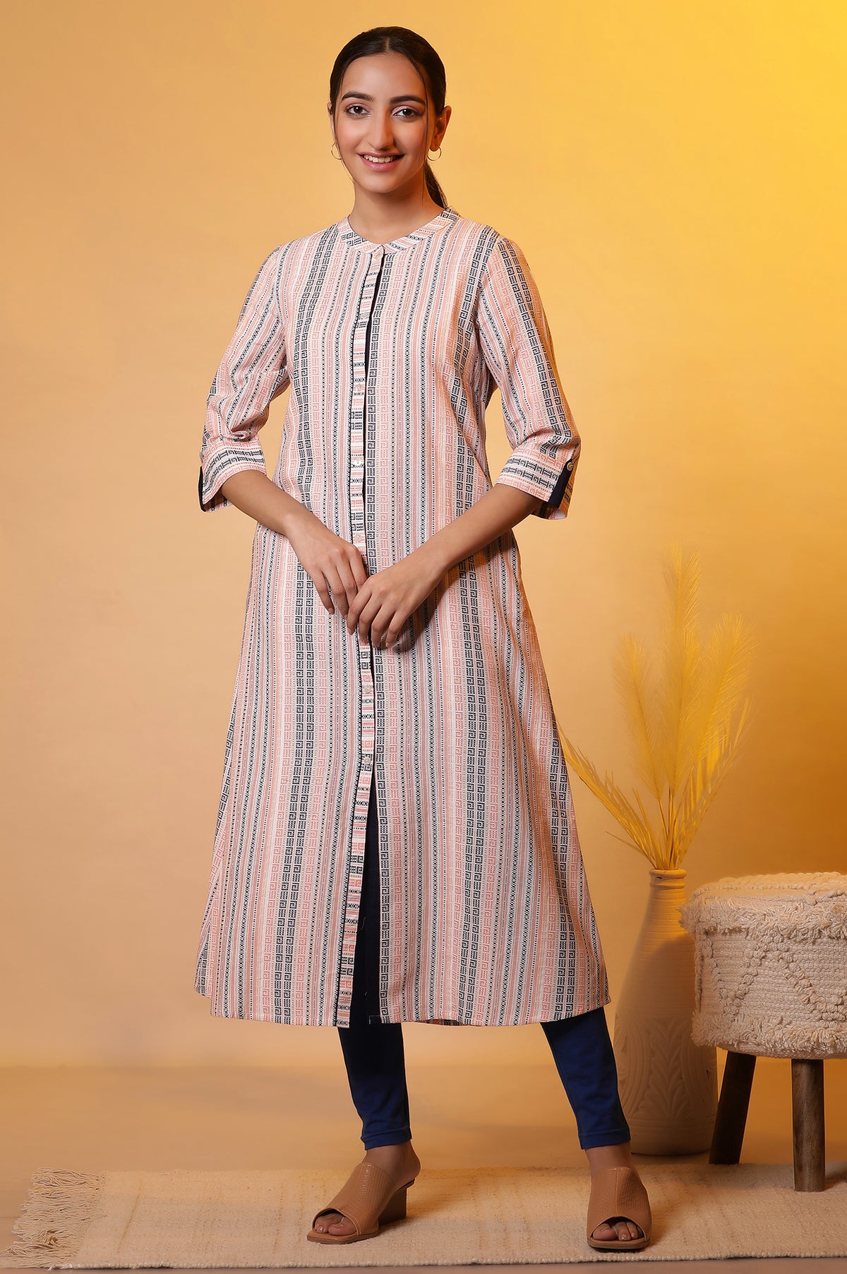 Multi-coloured Striped Dobby Kurta - XS