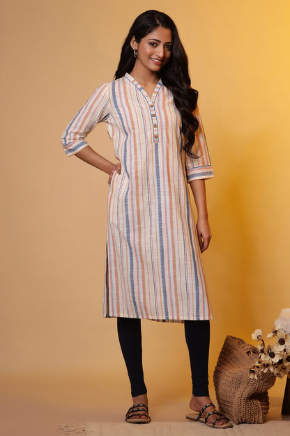 Off-White Straight Kurta with Multi-coloured Stripes