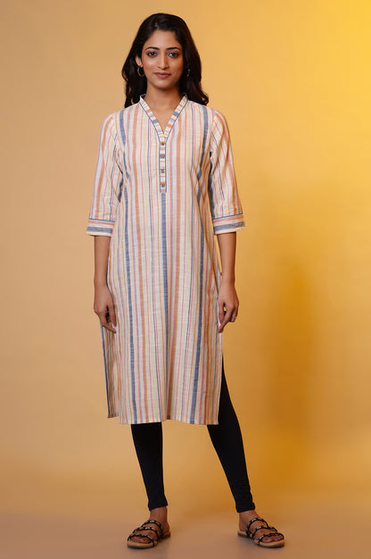 Off-White Straight Kurta with Multi-coloured Stripes