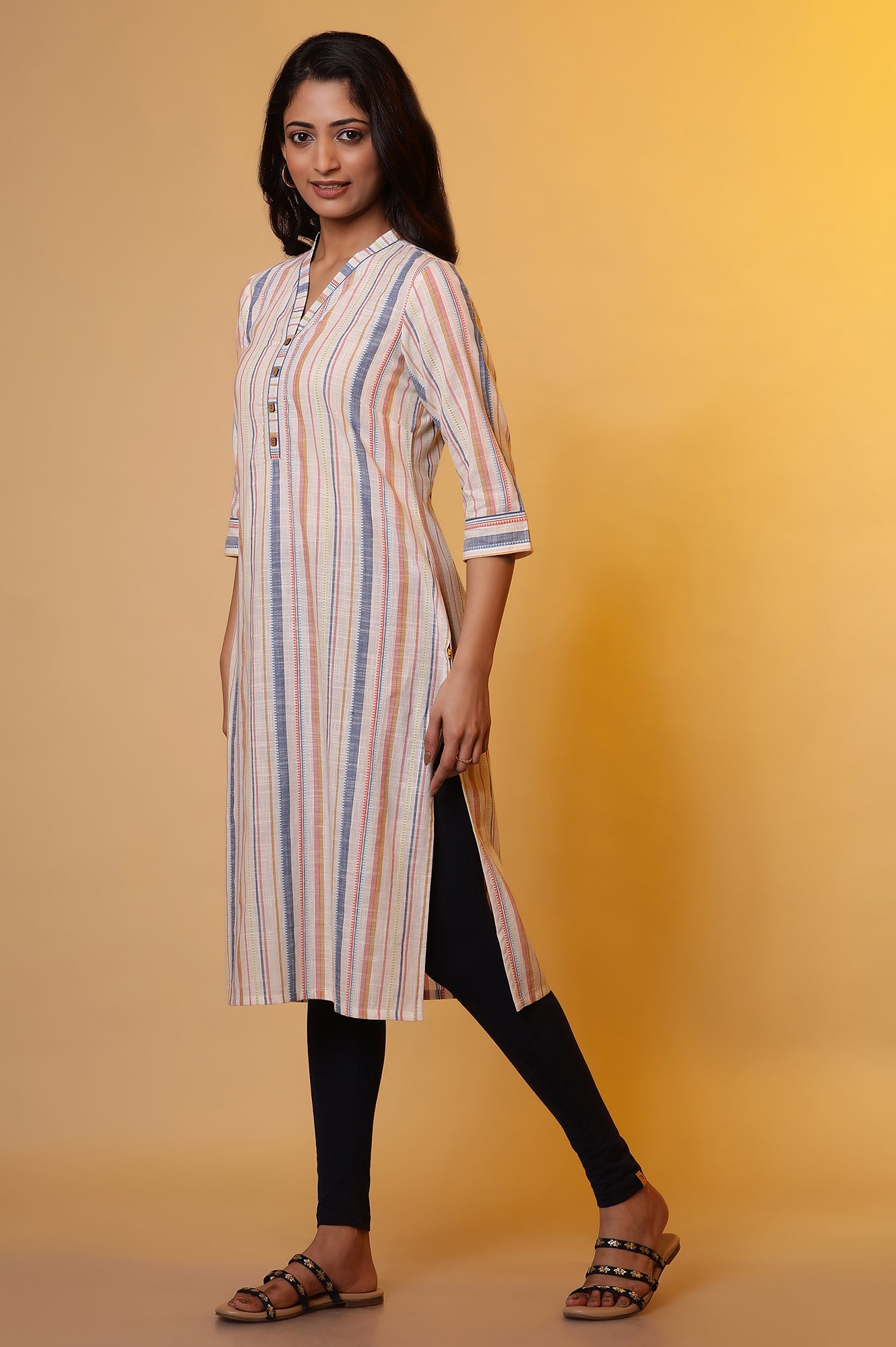 Off-White Straight Kurta with Multi-coloured Stripes