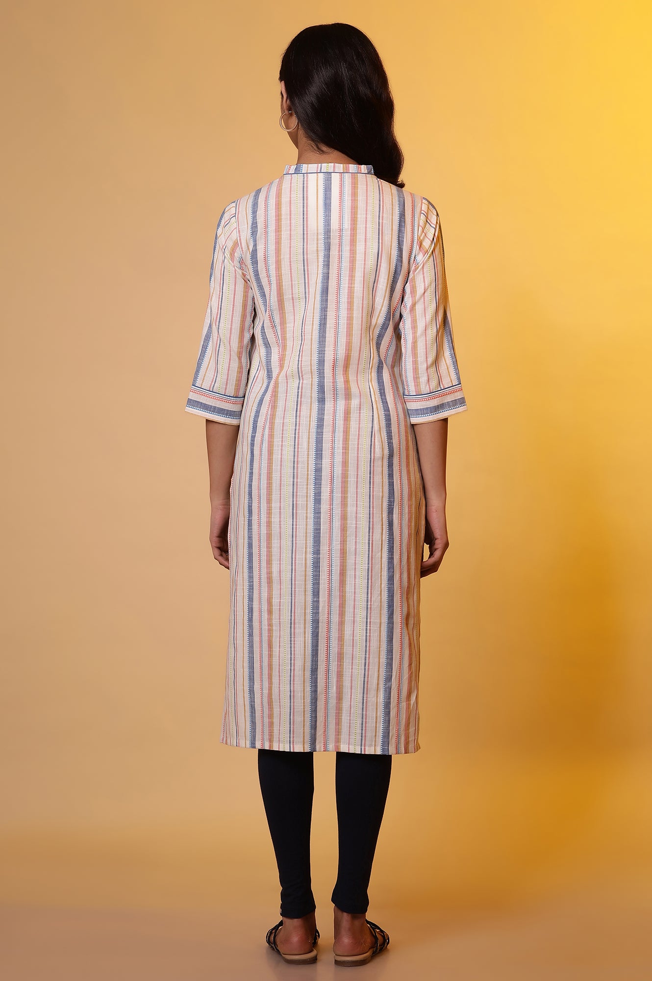 Off-White Straight Kurta with Multi-coloured Stripes