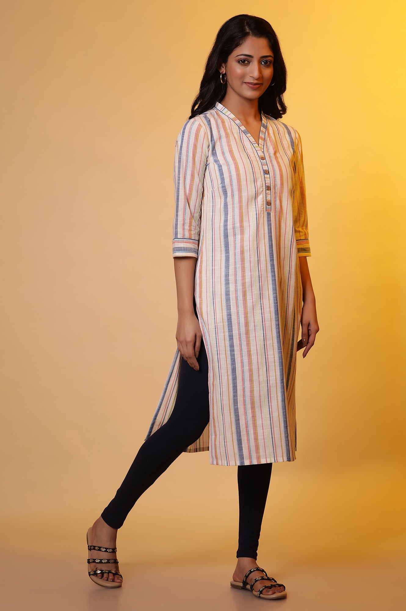 Off-White Straight Kurta with Multi-coloured Stripes