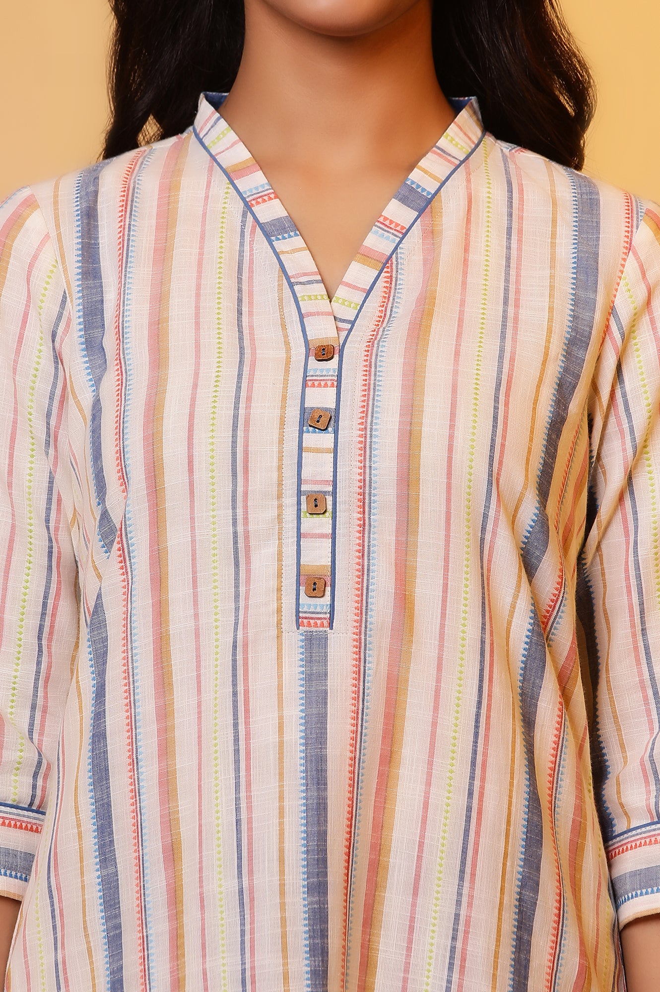 Off-White Straight Kurta with Multi-coloured Stripes