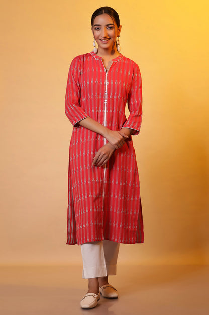 Red Yarn-Dyed Straight Kurta