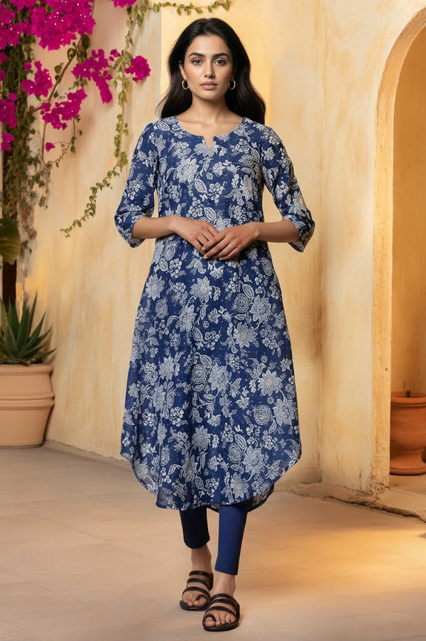 Blue Floral Foil Printed A-line Kurta