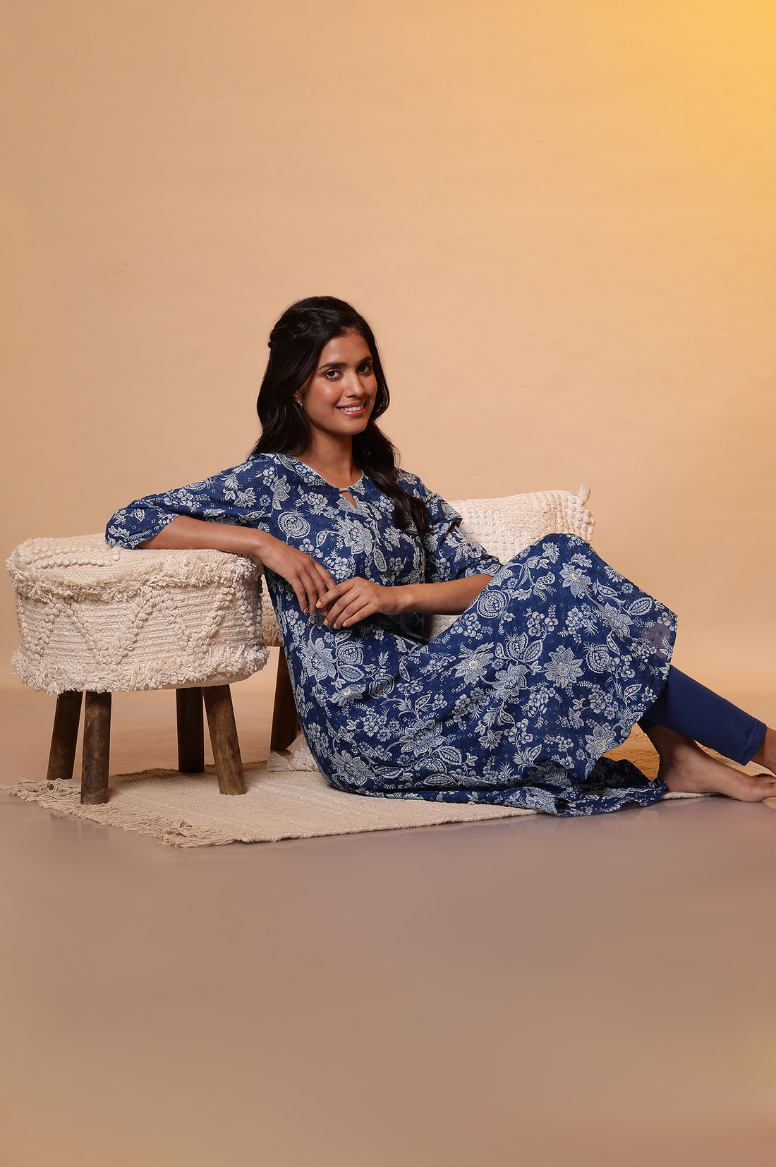 Blue Floral Foil Print A-Line Cotton Kurta