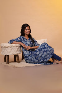 Blue Floral Foil Print A-Line Cotton Kurta