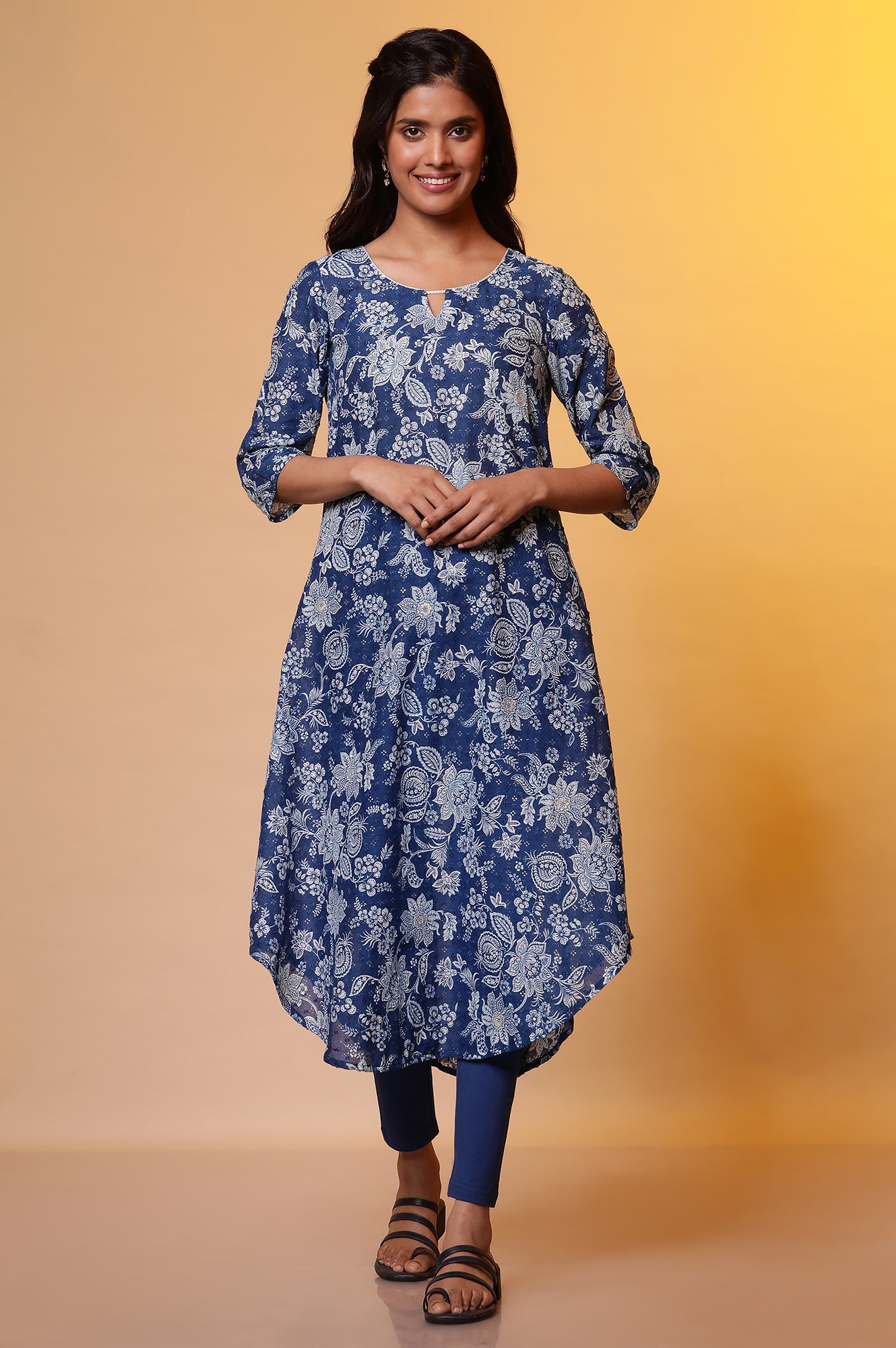 Blue Floral Foil Printed A-line Kurta