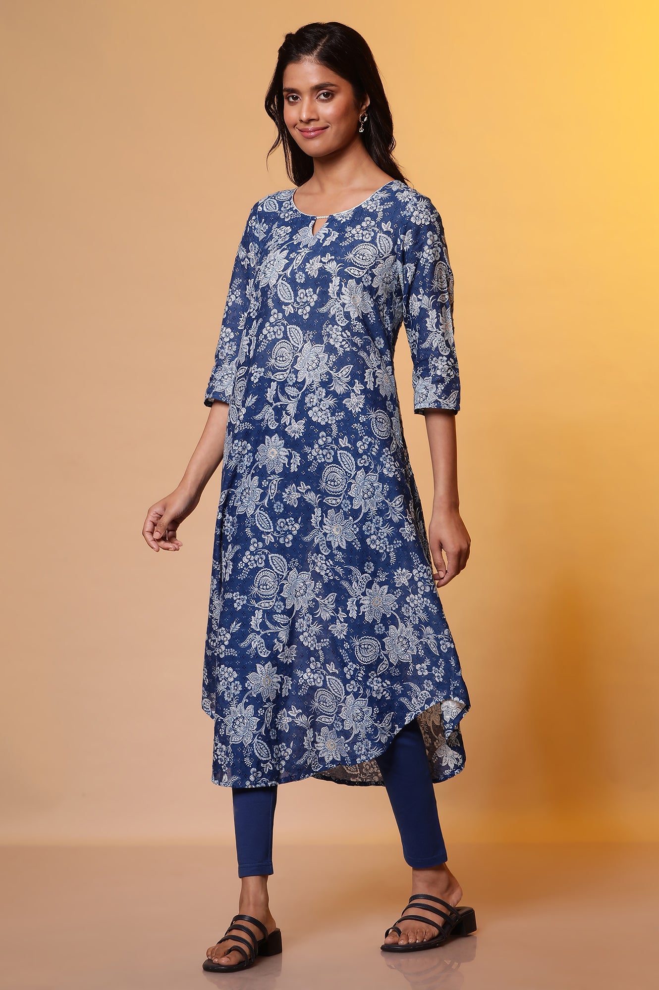 Blue Floral Foil Printed A-line Kurta