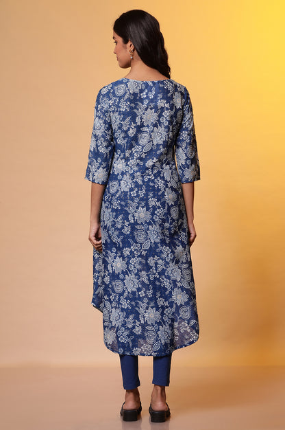 Blue Floral Foil Printed A-line Kurta