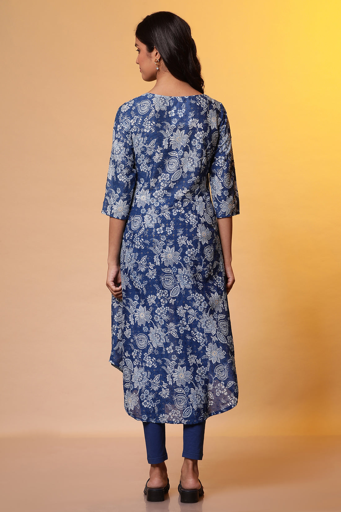 Blue Floral Foil Print A-Line Cotton Kurta