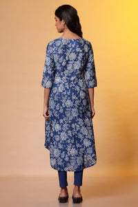 Blue Floral Foil Print A-Line Cotton Kurta