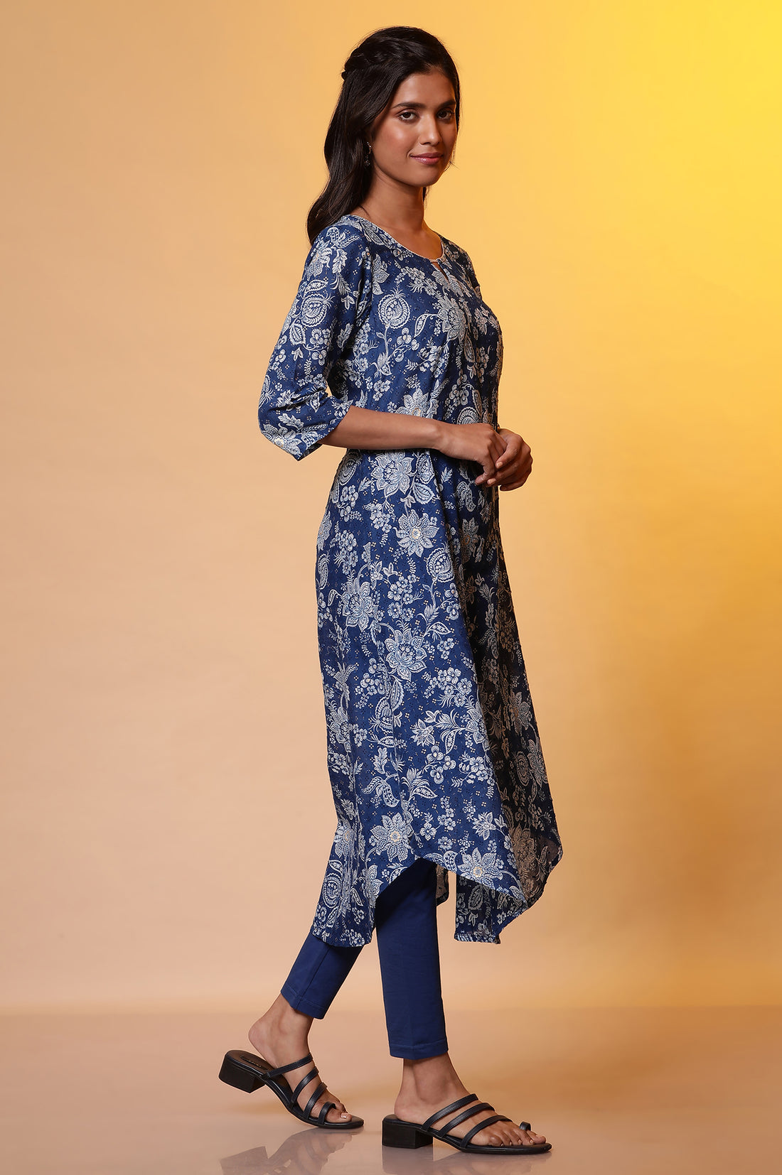 Blue Floral Foil Print A-Line Cotton Kurta