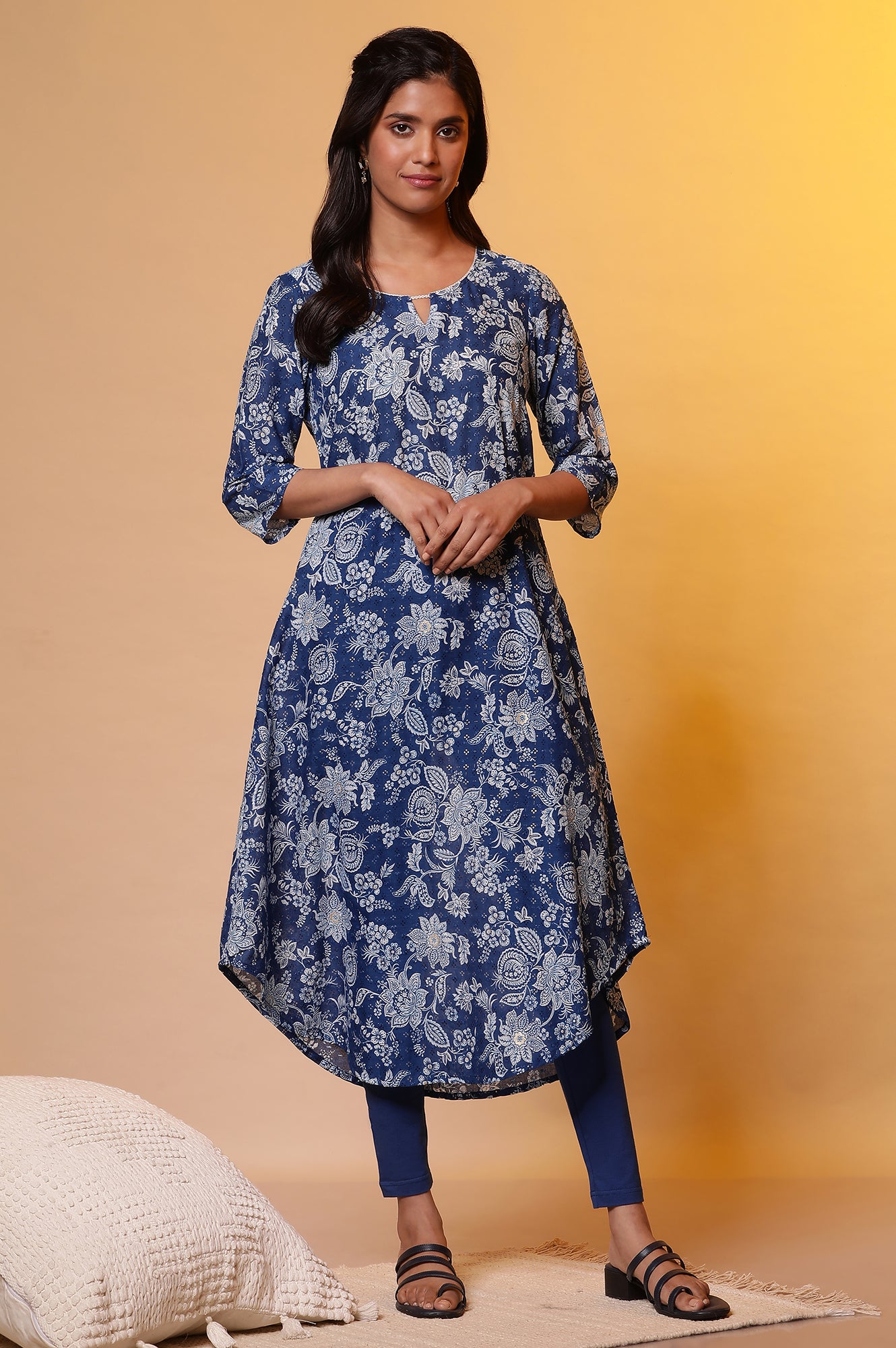 Blue Floral Foil Printed A-line Kurta