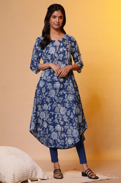 Blue Floral Foil Printed A-line Kurta