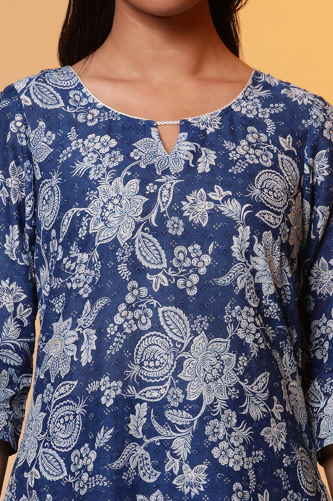 Blue Floral Foil Print A-Line Cotton Kurta