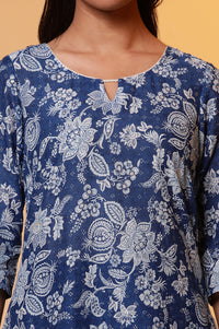 Blue Floral Foil Print A-Line Cotton Kurta