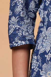 Blue Floral Foil Print A-Line Cotton Kurta