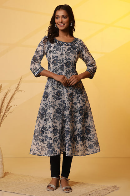 Blue Floral Printed Anarkali Kurta with Embroidered Neck