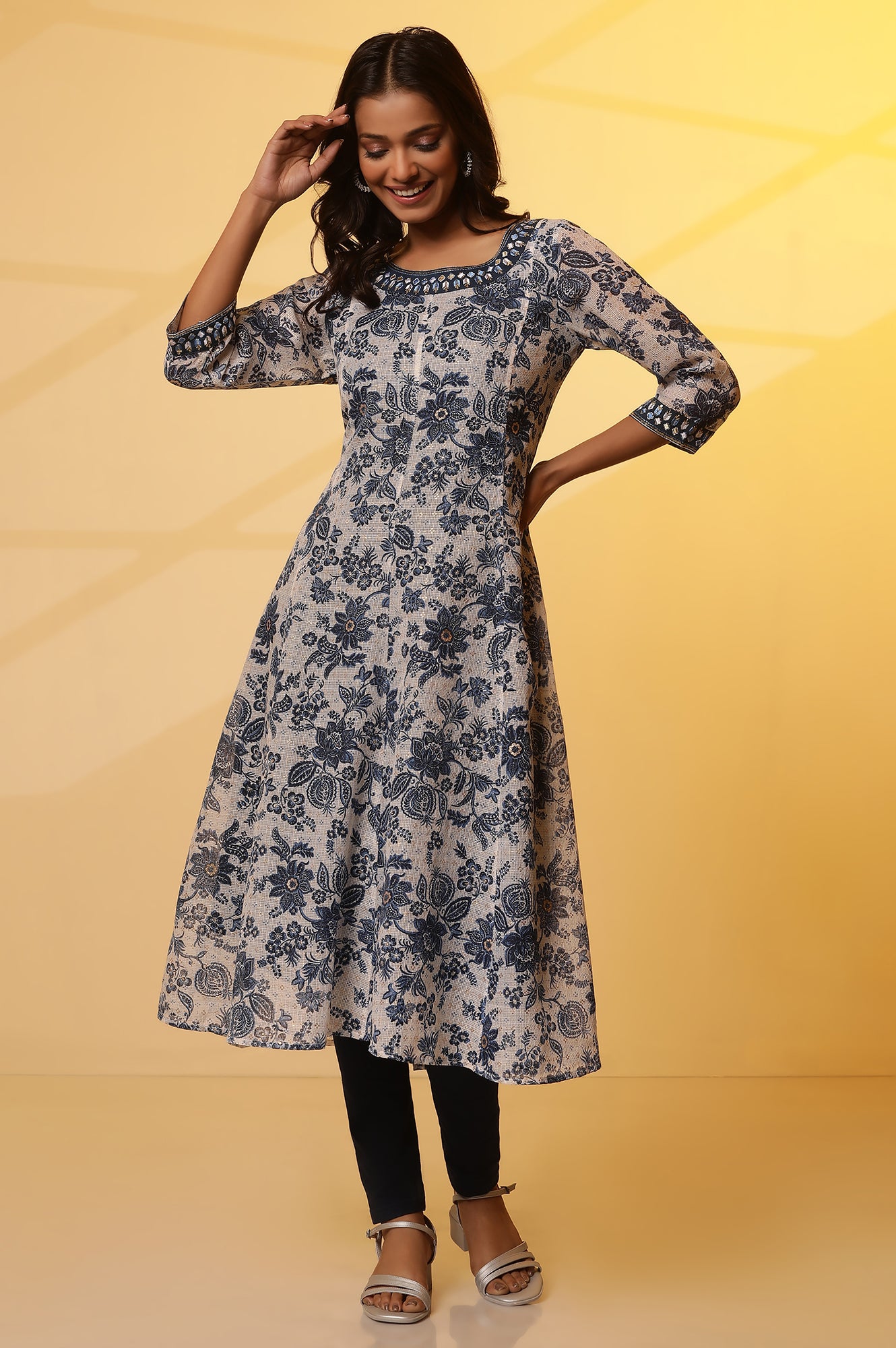 Blue Floral Printed Anarkali Kurta with Embroidered Neck