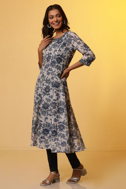 Blue Floral Printed Anarkali Kurta with Embroidered Neck