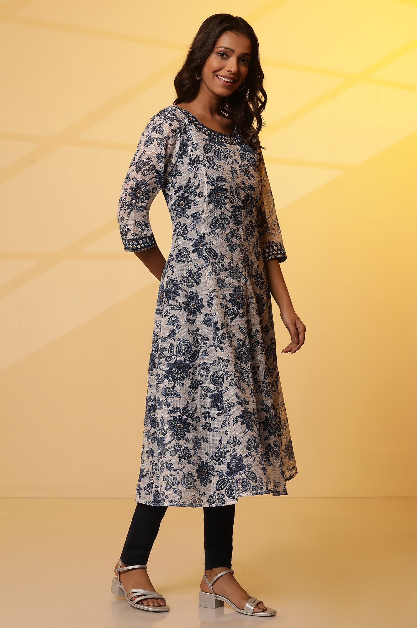 Blue Floral Printed Anarkali Kurta with Embroidered Neck