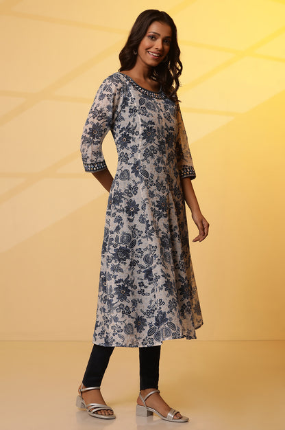 Blue Floral Printed Anarkali Kurta with Embroidered Neck