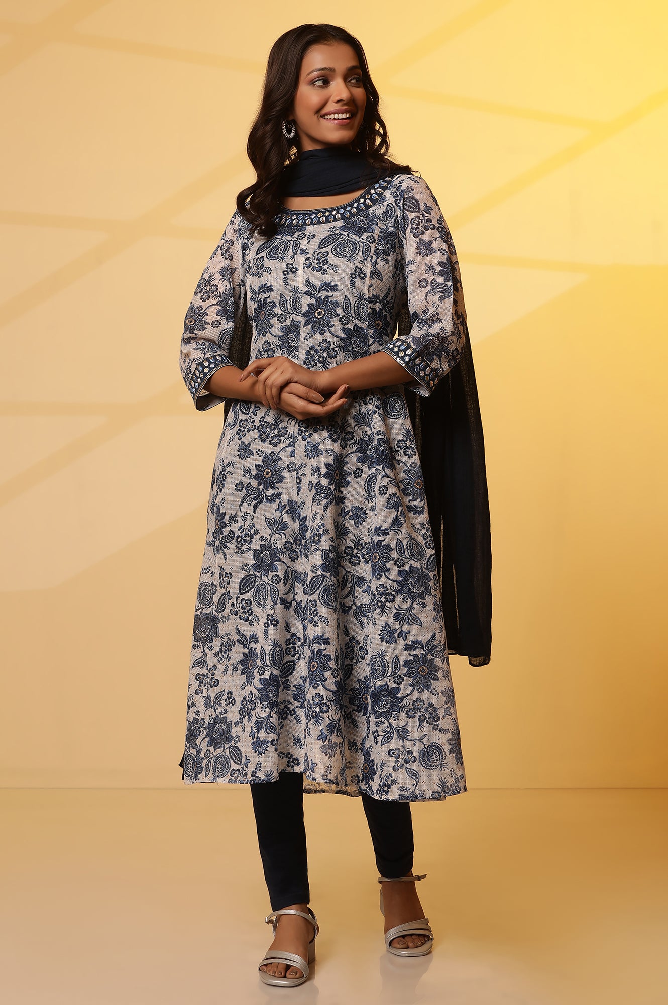 Blue Floral Printed Anarkali Kurta with Embroidered Neck