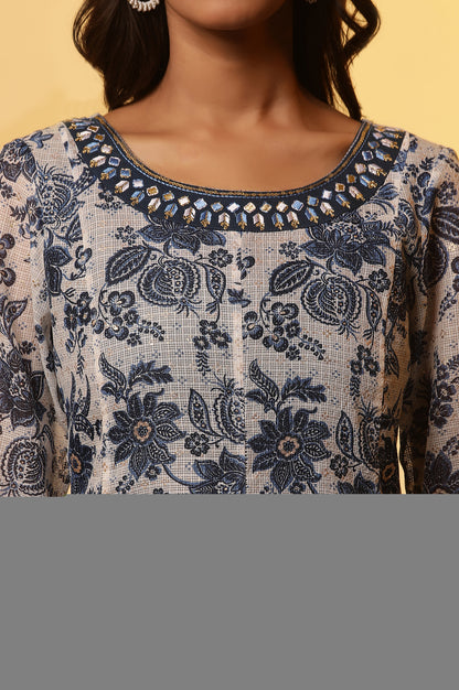 Blue Floral Printed Anarkali Kurta with Embroidered Neck