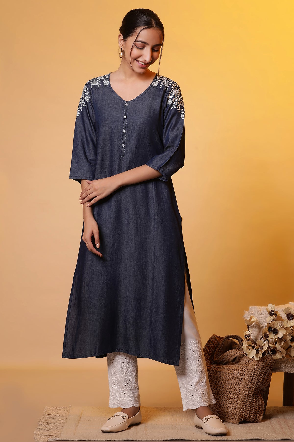 Blue Denim Floral Embroidered Kurta - XS