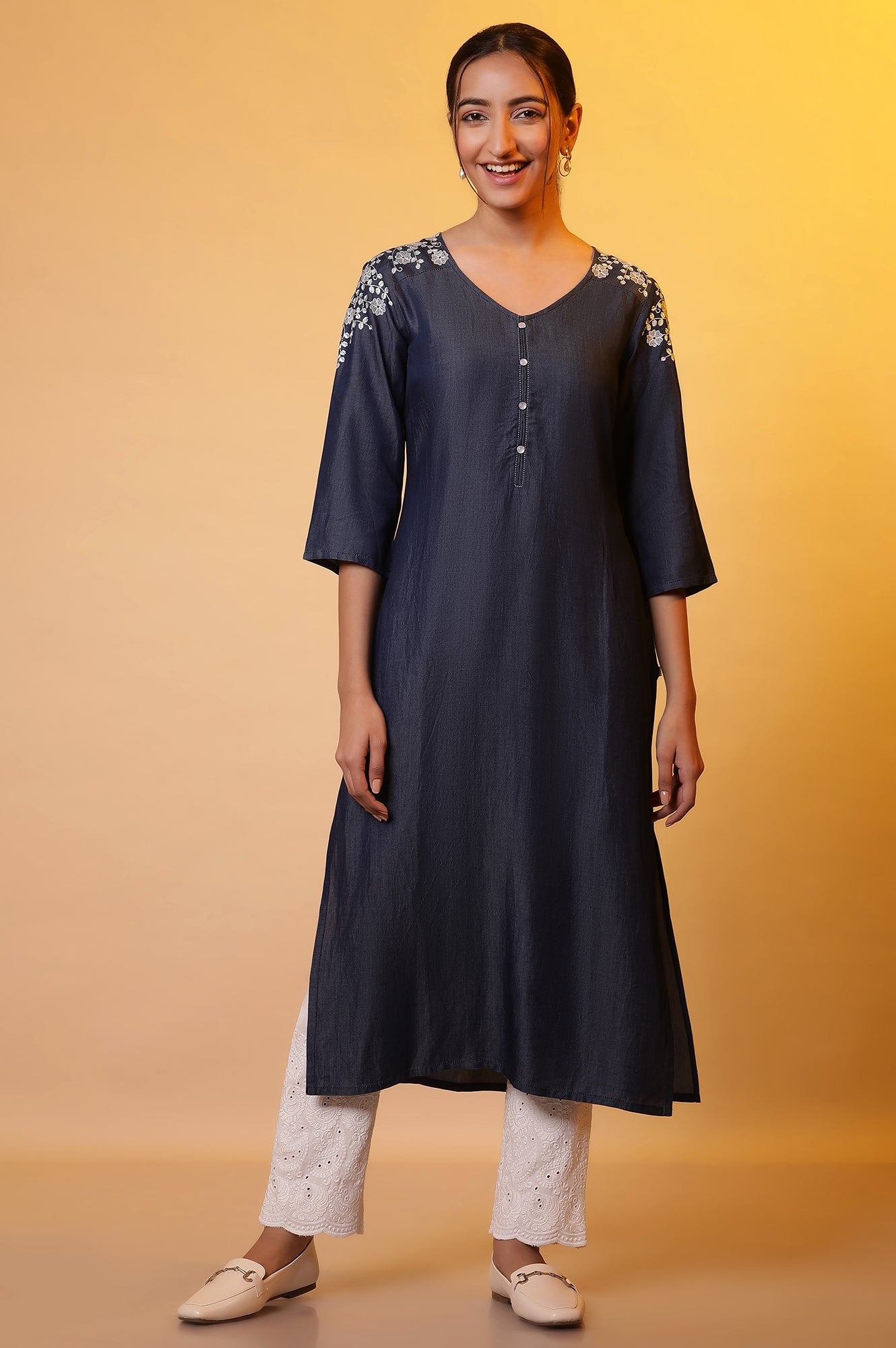 Blue Denim Floral Embroidered Kurta